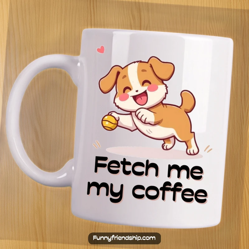 Funny dog character mug showing an energetic dog playing fetch with a happy, cheering companion, symbolizing fun.