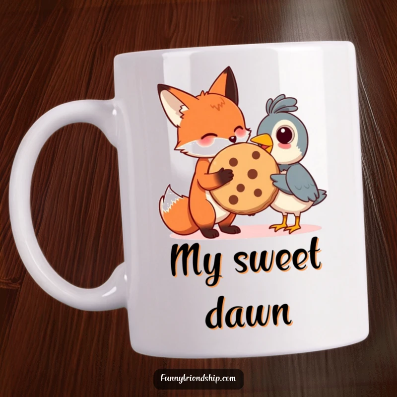 Funny mug featuring a fox character sharing a giant cookie with a small bird character, emphasizing friendship and sweet moments.