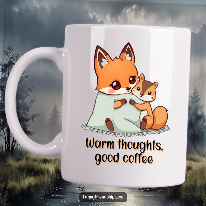 Funny mug showing a happy fox character and a squirrel sharing a cozy blanket, symbolizing warmth, friendship, and delightful companionship.