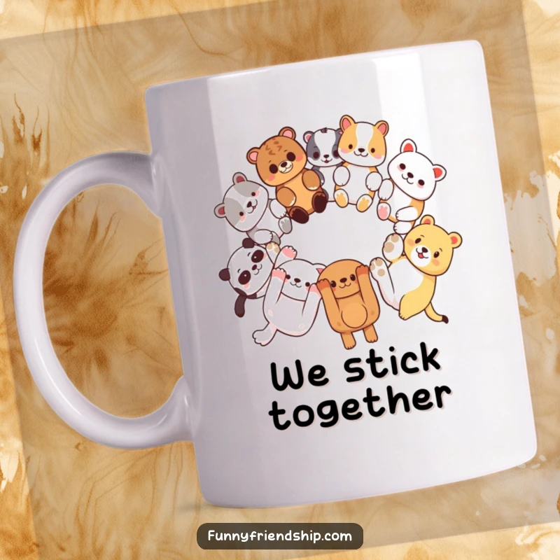 Funny mug with diverse animal characters linking paws in a circle, symbolizing unity and friendship, perfect for coffee lovers.
