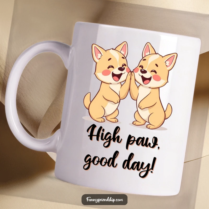 Funny mug showing two cute dog characters excitedly giving each other a high five, celebrating friendship and fun.