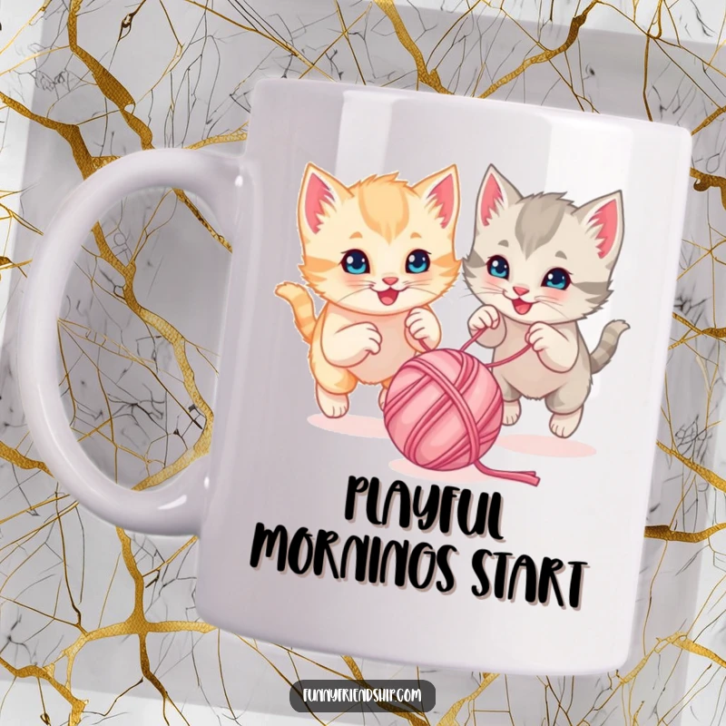 Funny playful kittens chasing a bouncing ball of yarn together on a cheerful coffee mug, a cute animal cartoon