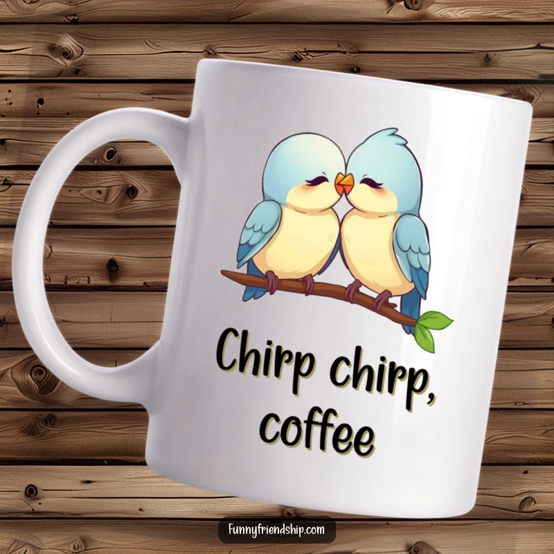 Funny love birds mug, two cute bird characters perching together and nuzzling affectionately, symbolizing love and togetherness.