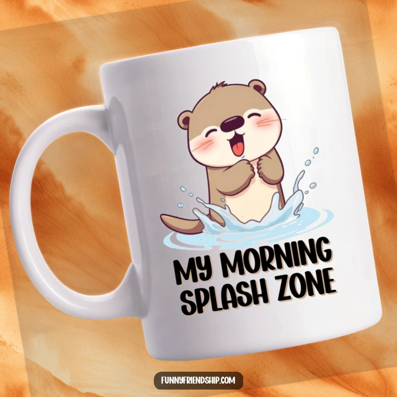 Funny otter mug showing a cute otter character enthusiastically splashing water at an unseen friend, perfect for gift-givers.