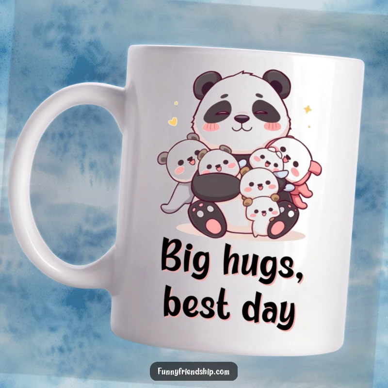 Funny panda mug featuring a cuddly panda joyfully embracing multiple small characters, depicting warmth and humor.