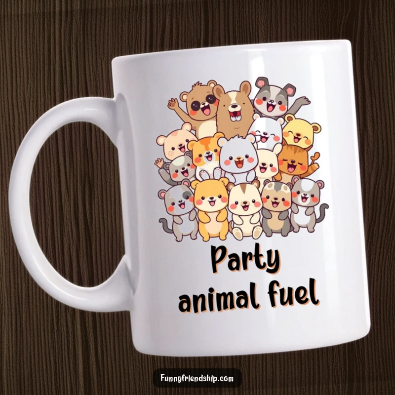 Funny mug showcasing a diverse group of cheerful animal characters joyfully celebrating together, radiating pure festive energy.