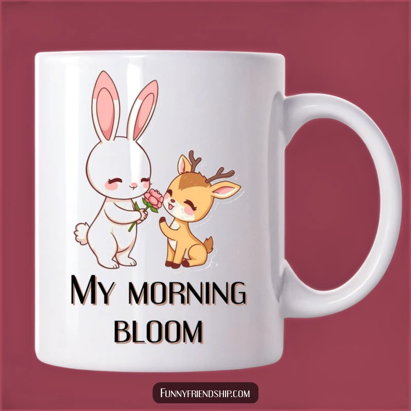 Funny Rabbit & Deer Flower Gift Mug: Adorable Woodland Friends Sharing Joyful Moments