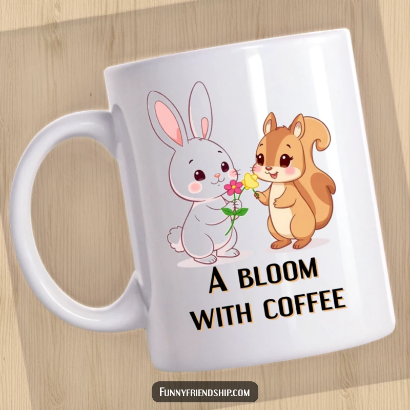 Funny Mug: Playful rabbit character offering a flower to a shy squirrel character, a sweet and humorous woodland scene.