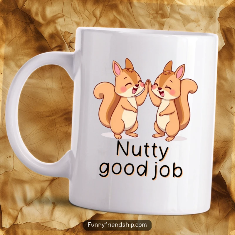Funny mug featuring two squirrel characters enthusiastically high-fiving in celebration, symbolizing friendship and success.