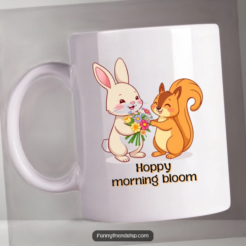 Funny mug showing a playful rabbit character offering a bouquet of flowers to a surprised squirrel, celebrating cute woodland friendships.