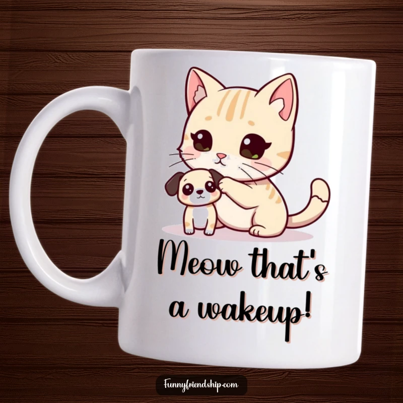 Funny Mug showing a cat playfully tagging a small dog with its paw, capturing a moment of funny pet interaction and mischief.