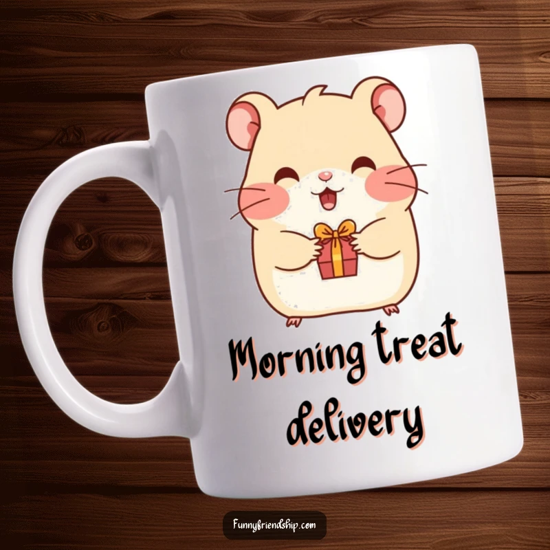 Funny hamster mug showing a happy hamster offering a tiny gift to a friend, radiating generosity and cuteness.