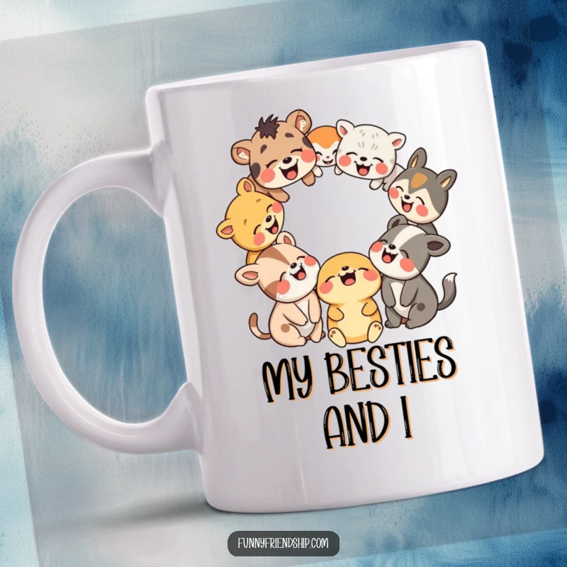 Funny mug featuring diverse animal characters in a circle, sharing a moment of uncontrollable laughter. Perfect for coffee lovers.