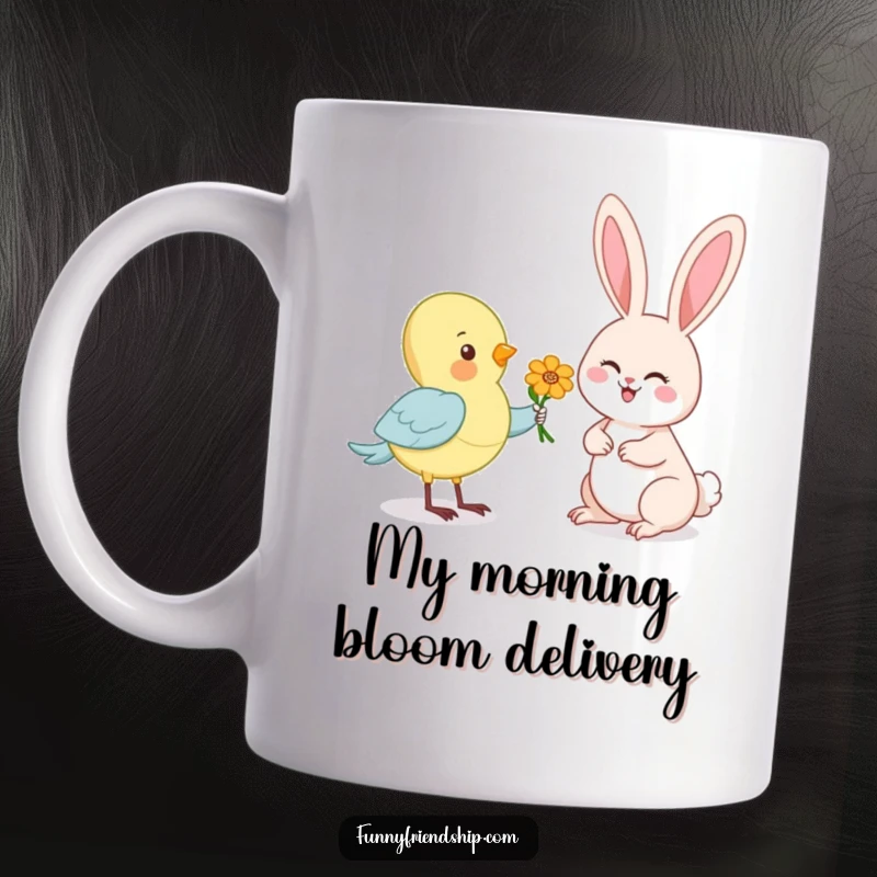 Funny mug with a cartoon bird offering a colorful flower to a delighted, smiling rabbit. A sweet and humorous illustration.