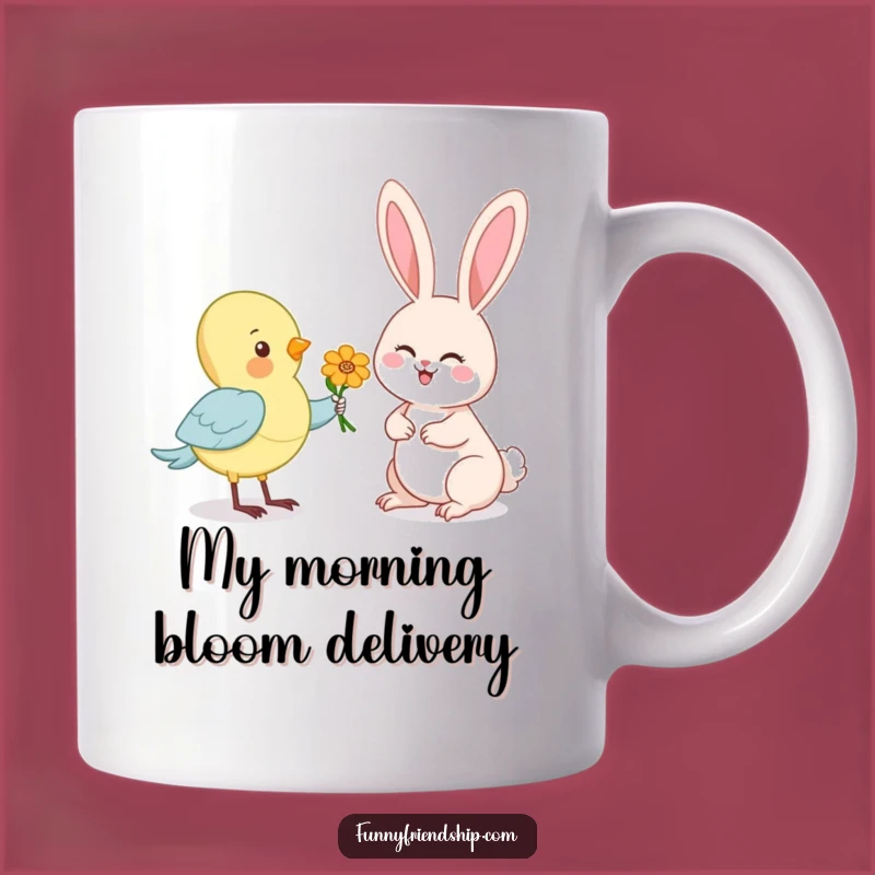 Funny Bird Flower Gift Mug: Adorable Cartoon Animal Offering Blooms to Happy Rabbit