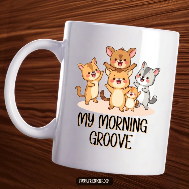 Funny mug showing a group of happy animal characters dancing in a circle, radiating pure joy and humor.