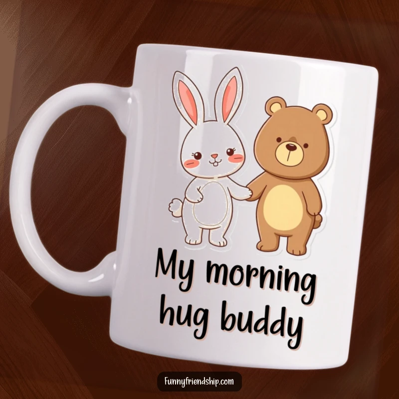 Funny rabbit and bear characters holding hands, symbolizing friendship and warmth, printed on a charming cartoon mug.