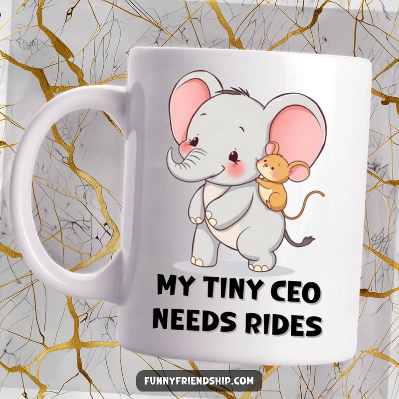 Funny elephant mug with a happy mouse on its back, illustrating a strong and joyful friendship, perfect for gifting.