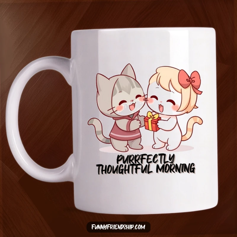 Funny mug featuring a cat enthusiastically offering a small gift to another character, celebrating feline kindness.