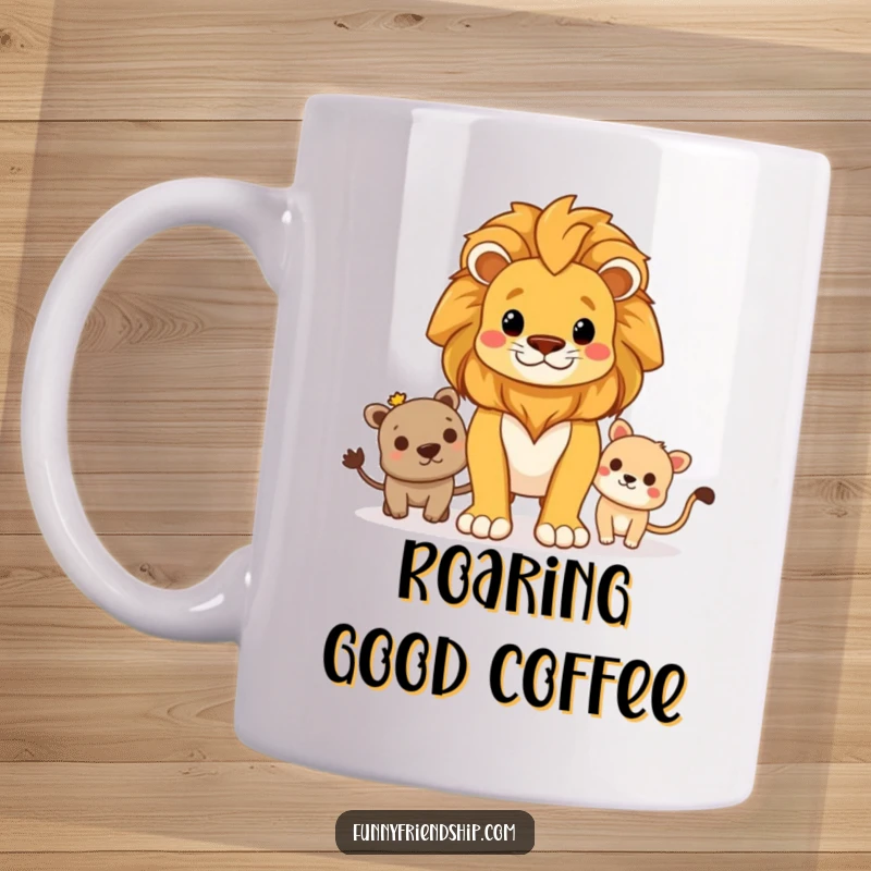 Funny mug featuring a proud lion character standing guard protectively over a group of friends, symbolizing loyalty and friendship.