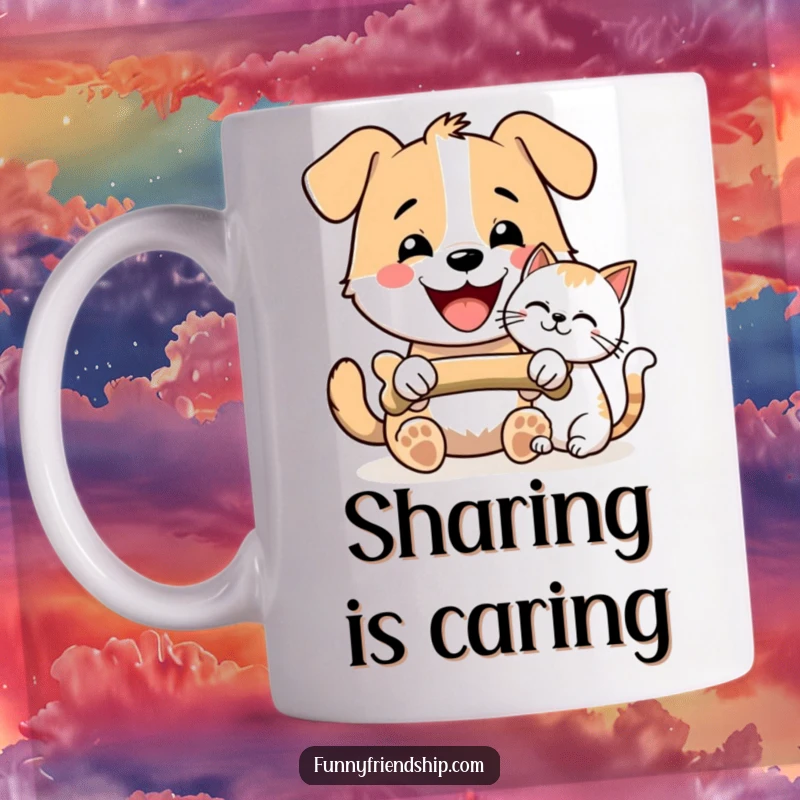 Funny Dog and Cat Bone Sharing Mug: A happy dog and cat cheerfully sharing a bone, symbolizing interspecies friendship, a funny pet gift.