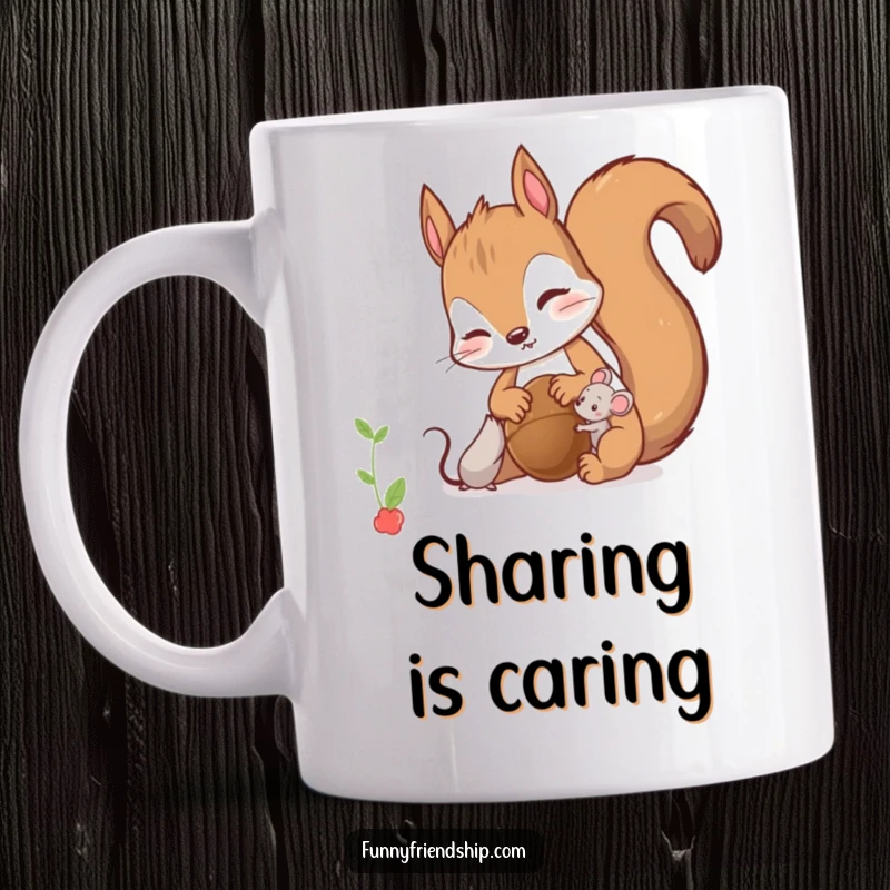 Funny Mug: Curious squirrel character sharing a nut with a tiny, grateful mouse, symbolizing friendship and generosity.