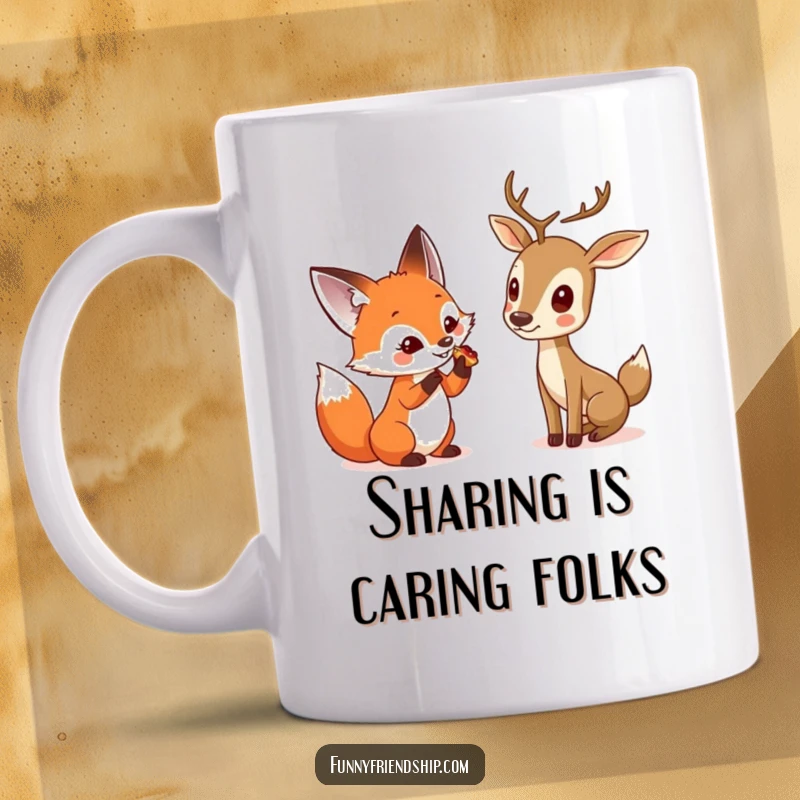 Funny mug with a curious fox sharing food with a shy deer, illustrating friendship and kindness in a heartwarming woodland scene.