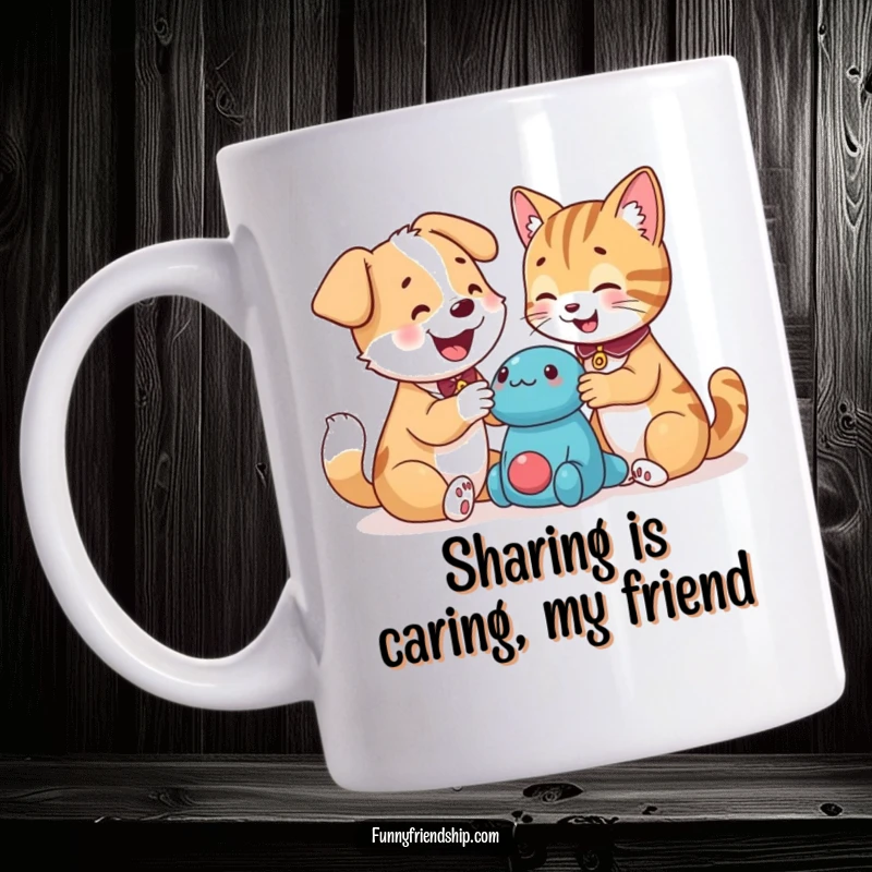 Funny dog and cat characters gleefully playing together with a shared toy, showcasing their best friend bond on a ceramic mug.