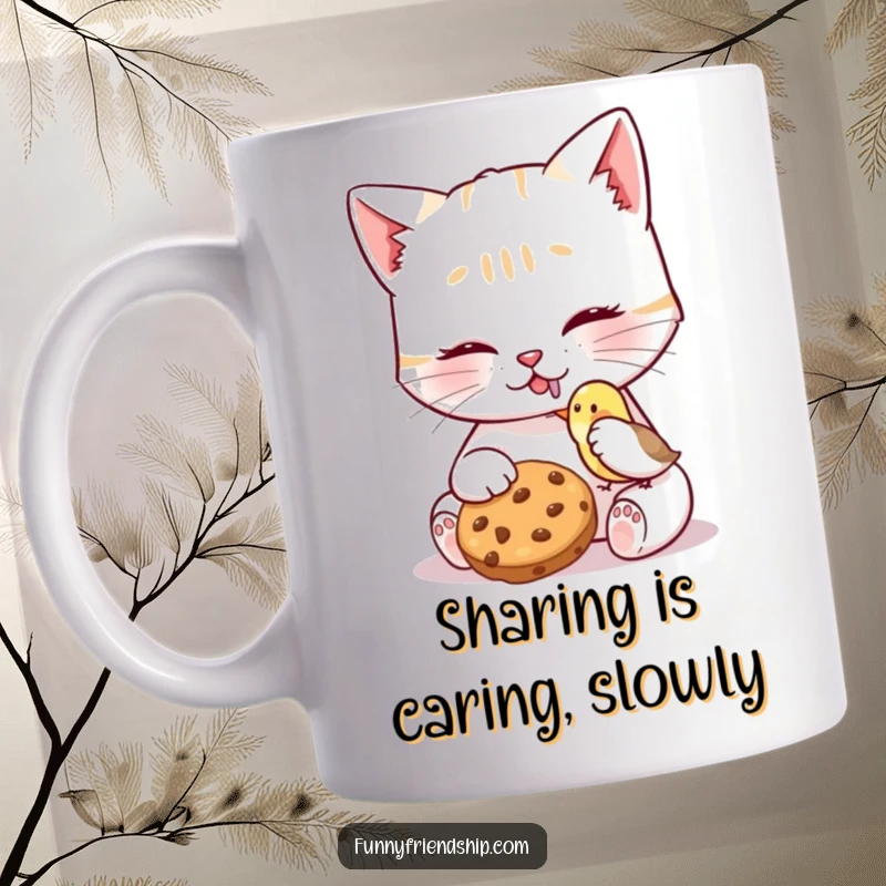 Funny Cat Bird Cookie Mug showing a kind cat character sharing a cookie with a tiny bird, exuding warmth and gentle friendship.