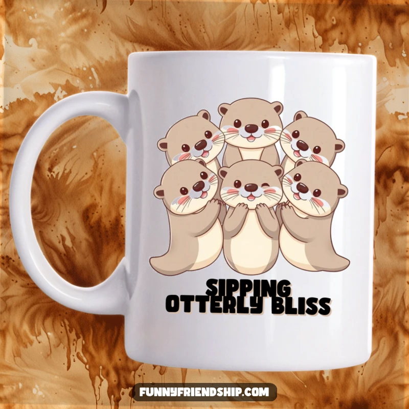 Funny playful otters holding paws in a circle mug, a heartwarming scene of unity and friendship.