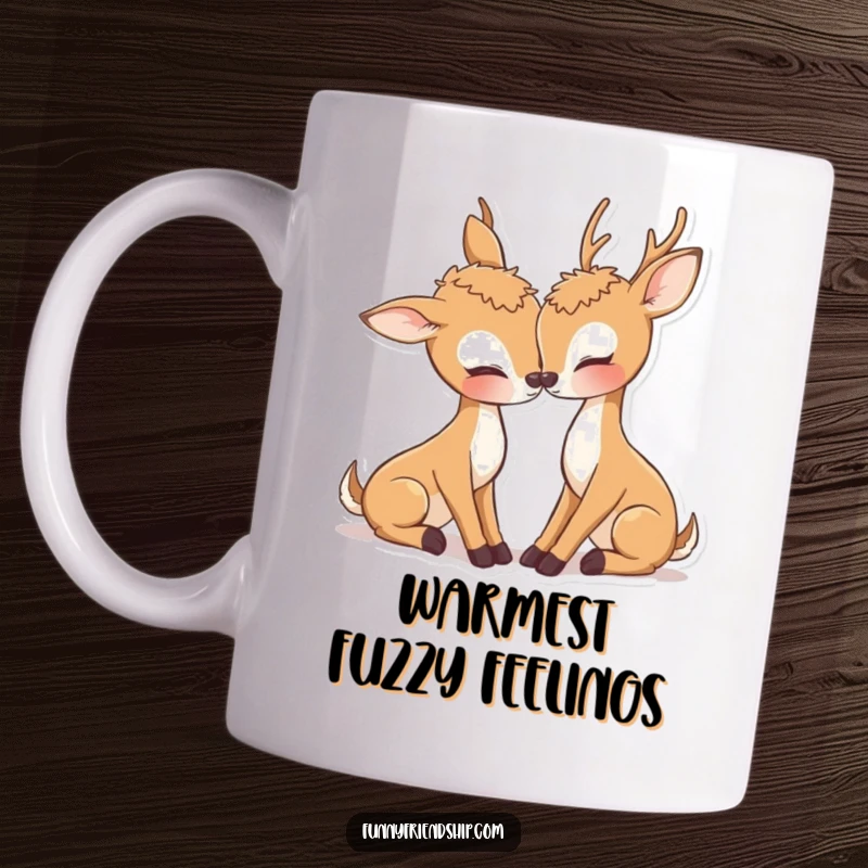 Sweet deer mug showing two cute deer characters nuzzling affectionately, a heartwarming and romantic gift idea.