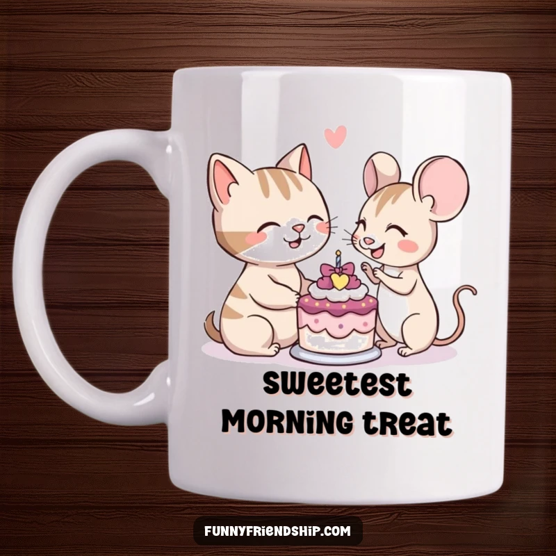 Funny mug showing a cat and a mouse character happily sharing a small cake together, embodying peace and humor.