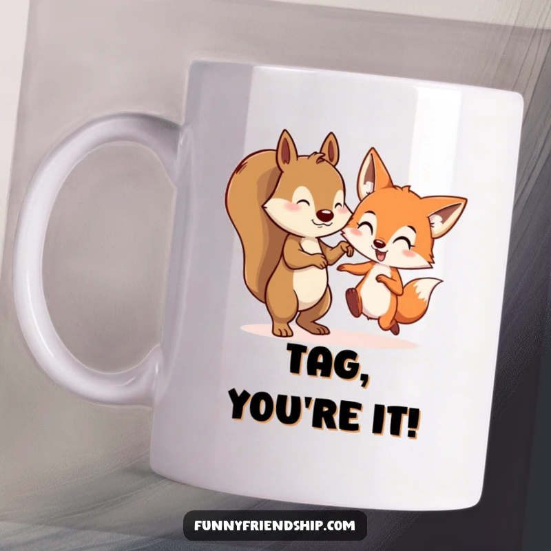Funny mug showing a energetic squirrel and a sly fox character playfully chasing each other in a game of tag, pure woodland fun.