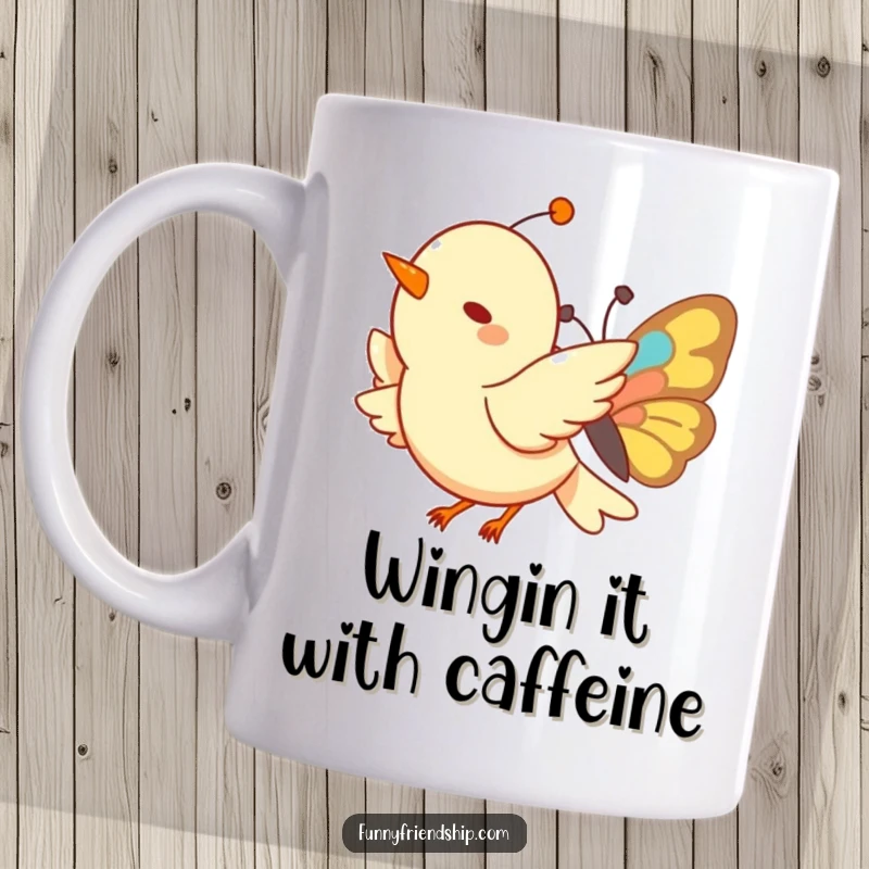 Funny Bird and Butterfly Mug: A happy bird and butterfly fly together in a joyful, whimsical illustration. A perfect funny gift.