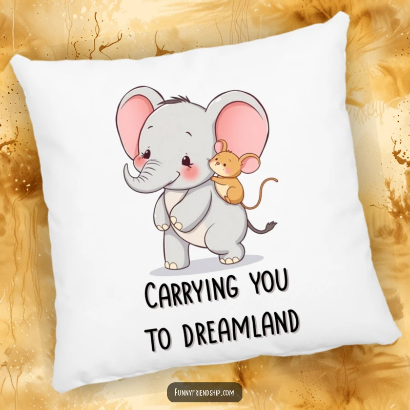Funny plush pillow with an elephant giving a mouse a piggyback ride, offering comfort and humor for any recipient.