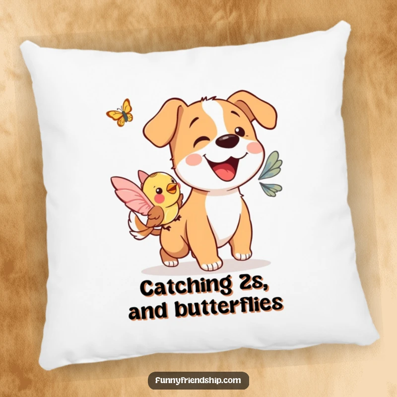 Funny pillow: a happy dog and a playful bird chasing a butterfly, perfect for adding humor to decor.