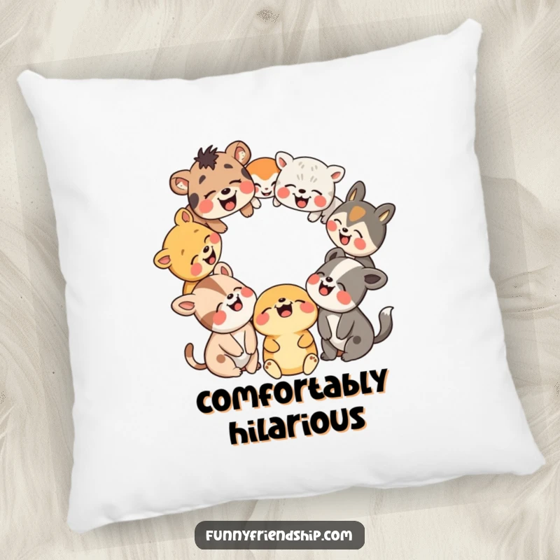 Funny pillow showcasing a group of cheerful animals in a circle, united in laughter and friendship. Adds comfort and humor.