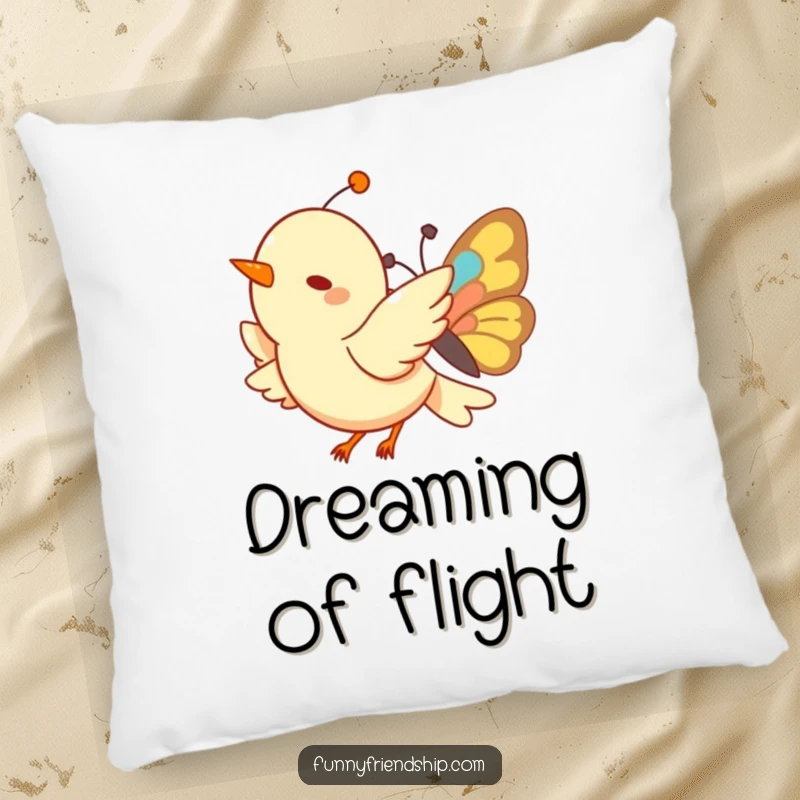 Funny Bird and Butterfly Pillow: A soft, decorative pillow with a charming illustration of a bird and butterfly in peaceful flight.