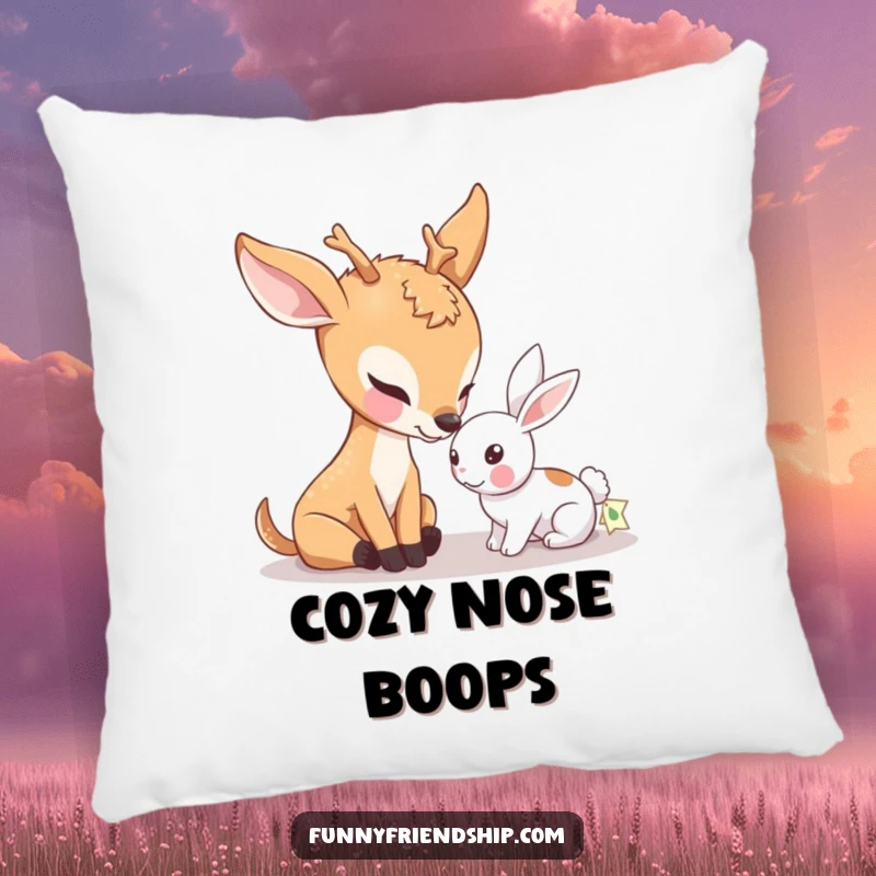 Funny pillow showcasing a gentle deer character affectionately nudging a small rabbit, adding a touch of warmth and peaceful friendship.