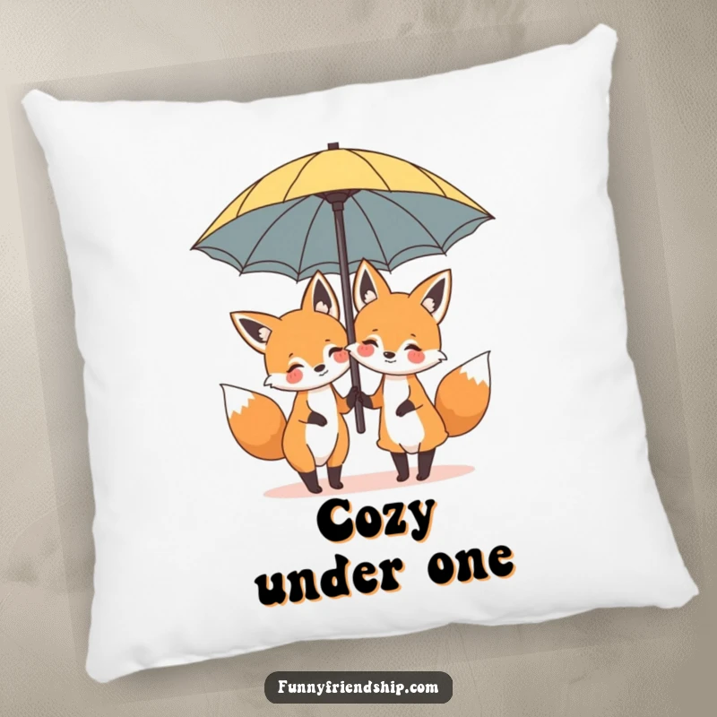 Funny decorative pillow featuring a cartoon scene of two happy foxes sharing a large umbrella, adding humor to comfort.