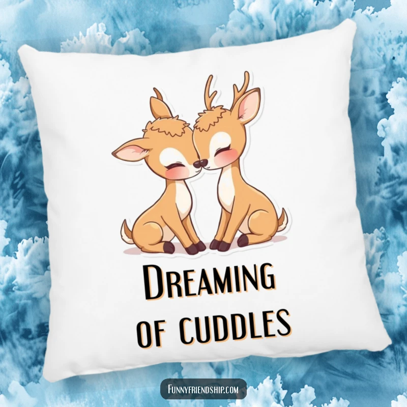 Cute deer pillow featuring two deer characters nuzzling affectionately, adding a soft and romantic touch to any space.
