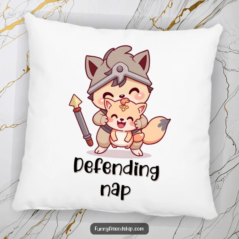 Funny pillow with a brave animal character protecting a smaller friend, offering plush comfort and a symbol of steadfast support.