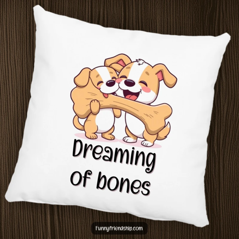 Funny pillow showcasing two dogs, one generously sharing a large bone with the other, providing comfort and cute dog-themed decor.