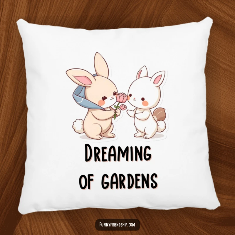 Funny pillow: a bunny character offers a flower to another animal, a soft and humorous pillow celebrating kindness and friendship.