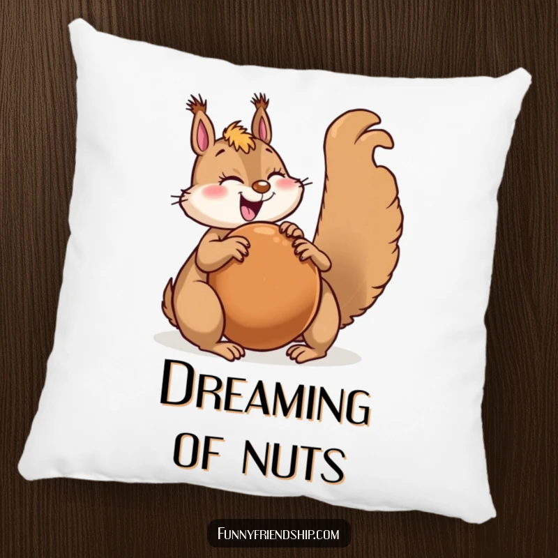 Funny squirrel character pillow with a joyful squirrel sharing a giant nut with a happy friend, offering comfort.