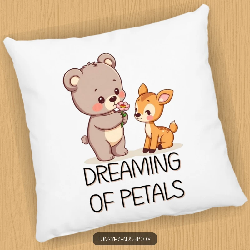 Funny Pillow featuring a bear cub presenting a flower to a shy deer cub, adding cute, heartwarming decor to any room.