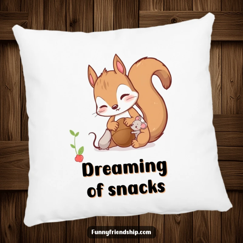 Funny Pillow: Soft cushion featuring a curious squirrel sharing a nut with a tiny mouse, perfect for adding comfort.