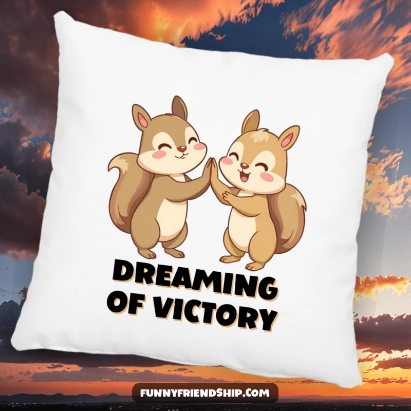 Funny pillow with two squirrels celebrating by high-fiving, offering cozy friendship and energetic vibes.