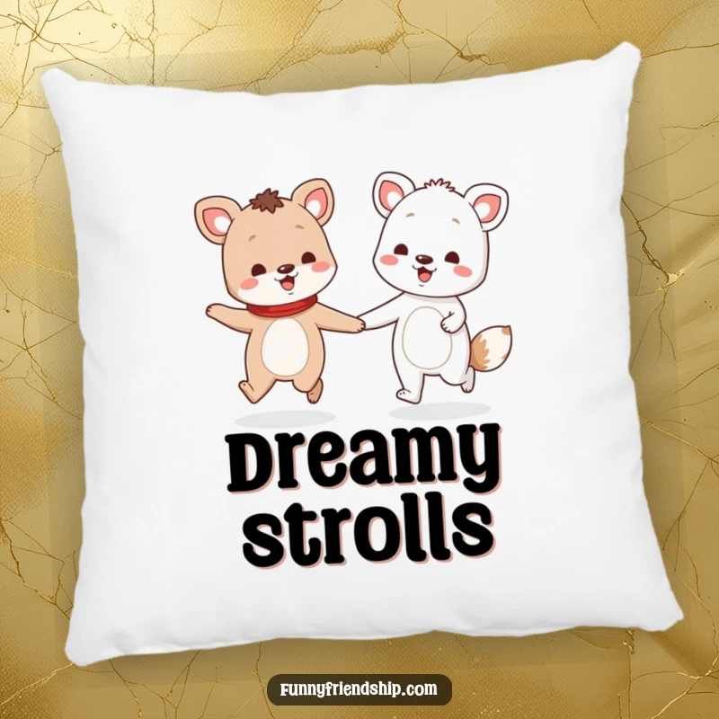 Funny pillow with two animal characters holding hands and skipping, offering plush comfort and a message of shared joy.