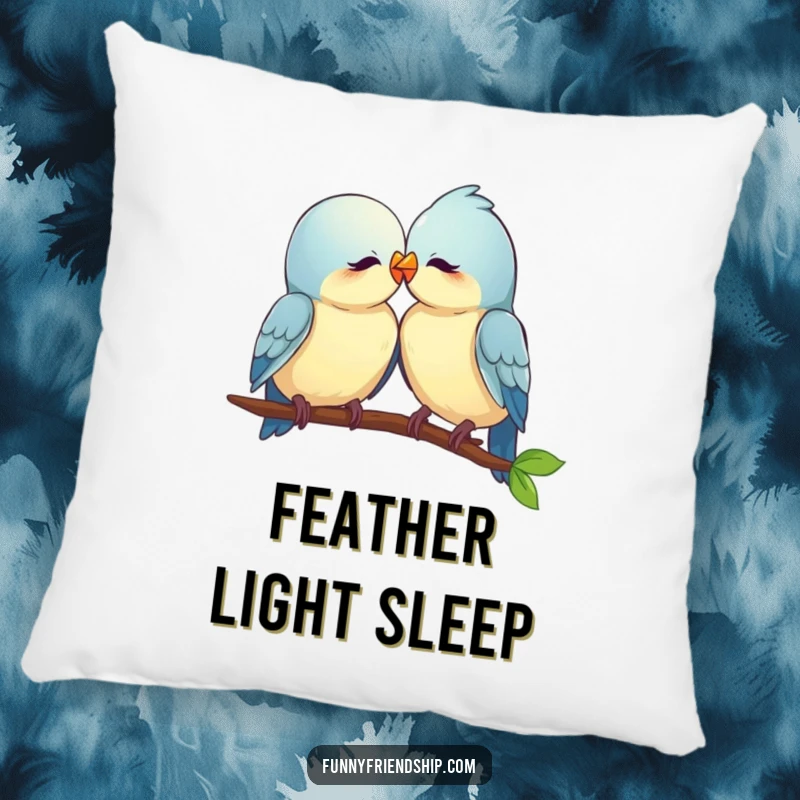 Funny love birds pillow, soft cushion with two birds nuzzling, designed for comfort and expressing romantic humor.